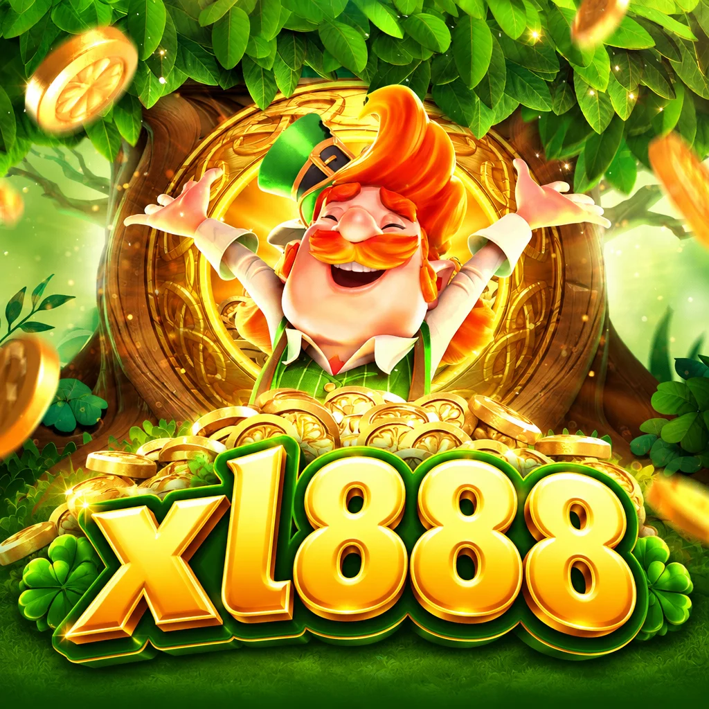 xl888 menampilkan karakter leprechaun ceria bertopi hijau dengan tumpukan koin emas di Leprechaun Riches