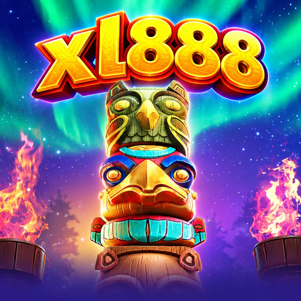 xl888 menampilkan visual tiang totem kayu dengan latar cahaya aurora dan obor menyala di Totem Wonders